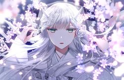  araragi_soushi blurry blurry_background braid cherry_blossoms female hand_up highres horns japanese_clothes kimono long_hair looking_at_viewer original upper_body veil white_hair white_kimono 