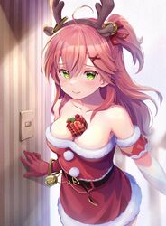  35p_(sakura_miko) ahoge armband bare_shoulders bell belt belt_buckle blush box breasts buckle christmas cleavage closed_mouth collarbone female gift gift_between_breasts gift_box gloves green_eyes hair_bell hair_between_eyes hair_ornament hairclip highres hololive light_switch long_hair looking_at_viewer official_alternate_costume pink_hair red_gloves reindeer_hair_ornament sakura_miko santa_costume smile striped_wall tmo-cat virtual_youtuber wall x_hair_ornament 