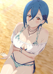  absurdres ai_ai_gasa bikini bikini_under_clothes birthday blue_bikini blue_hair breasts center_opening cleavage collarbone crossed_bangs female hair_between_eyes highres large_breasts love_live! love_live!_superstar!! navel off-shoulder_shirt off_shoulder red_eyes sand shirt short_hair sitting solo stomach swimsuit wakana_shiki white_shirt zanpon 