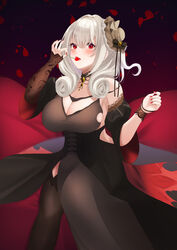  absurdres asymmetrical_sleeves azur_lane black_dress black_thighhighs breasts cherry cleavage dress drill_hair drill_sidelocks elegant_(sumisumi4268) female food fruit hair_between_eyes hat highres holding holding_food holding_fruit huge_breasts long_dress long_hair looking_at_viewer luetzow_(azur_lane) luetzow_(everlasting_blood_banquet)_(azur_lane) mini_hat nail_polish official_alternate_costume red_eyes red_nails sidelocks solo thighhighs white_hair 