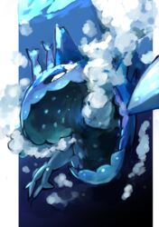  absurdres air_bubble bad_id bad_pixiv_id blue_eyes bubble commentary fish gara_(qbeuxvii22) highres looking_down no_humans open_mouth pillarboxed pokemon pokemon_(creature) solo underwater wishiwashi wishiwashi_(school) 