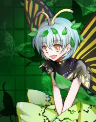  animal antennae aqua_hair brown_eyes butterfly_background butterfly_wings dress eternity_larva fairy female green_dress hair_between_eyes insect_wings leaf leaf_on_head mirei_(miirei) multicolored_clothes multicolored_dress open_mouth short_hair short_sleeves smile solo touhou wings 