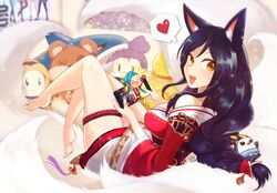  :d aa2233a ahri_(league_of_legends) animal_ears barefoot black_hair blitzcrank braid breasts character_doll cleavage featherknight female fox_ears heart jinx_(league_of_legends) league_of_legends little_legend long_hair looking_at_viewer low-tied_long_hair lux_(league_of_legends) open_mouth poster_(object) sitting smile spoken_heart tail teamfight_tactics thigh_strap tibbers whiskers yasuo_(league_of_legends) 