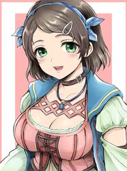  absurdres black_choker blue_hairband breasts brown_hair choker cleavage commentary_request female green_eyes hair_ornament hairband hairclip higemaccho highres jewelry looking_at_viewer necklace nina_deforges open_mouth short_hair smile solo star_ocean star_ocean_the_divine_force 