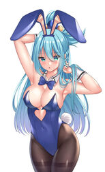  alternate_costume animal_ears aqua_(konosuba) aqua_eyes aqua_hair armpits arms_up black_pantyhose blackheartxiii blue_bow blue_bowtie blush bow bowtie breasts cleavage commentary covered_navel cowboy_shot detached_collar english_commentary fake_animal_ears fake_tail female hair_between_eyes hair_bobbles hair_ornament hair_rings hand_in_own_hair highres kono_subarashii_sekai_ni_shukufuku_wo! large_breasts long_hair looking_at_viewer pantyhose parted_lips playboy_bunny rabbit_ears rabbit_tail simple_background solo straight_hair sweat tail white_background wrist_cuffs 