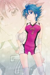  aizen_(syoshiyuki) bare_shoulders blue_eyes blue_hair collarbone commentary cowboy_shot elbow_pads female gym_shirt gym_shorts hair_between_eyes hand_on_own_hip highres knee_pads nishijima_waon precure projected_inset shirt short_hair short_shorts shorts sleeveless sleeveless_shirt smile solo sportswear suite_precure volleyball volleyball_uniform zoom_layer 