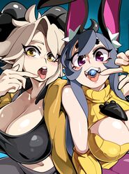  2girls absurdres ahoge animal_ear_fluff animal_ears bare_shoulders blonde_hair bongfill borrowed_character breasts candy center_opening chocolate cleavage collarbone commentary crop_top curled_horns english_commentary finger_to_mouth food forehead goat_girl goat_horns grey_hair hair_between_eyes highres horns index_finger_raised large_breasts long_hair lower_teeth_only medium_hair midriff multiple_girls original pants purple_eyes purple_pants rabbit_ears rabbit_girl shiny_skin susan_(rakeemspoon) sweater tank_(bongfill) teeth tongue tongue_out upper_body upper_teeth_only yellow_eyes yellow_sweater 