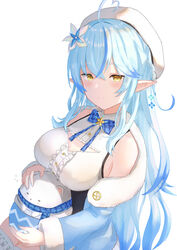  6mint absurdres ahoge bear beret blue_hair blue_nails blue_neckwear blush braid breasts cleavage cleavage_cutout clothing_cutout colored_tips crossed_bangs daifuku_(yukihana_lamy) elf female flower fur-trimmed_jacket fur_trim hair_between_eyes hair_flower hair_ornament hat heart heart_ahoge highres holding hololive jacket large_breasts long_hair looking_at_viewer multicolored_hair nail_polish pointy_ears polar_bear shirt sleeping sleeveless sleeveless_shirt smile solo streaked_hair thighhighs very_long_hair virtual_youtuber white_thighhighs yellow_eyes yukihana_lamy yukihana_lamy_(1st_costume) 