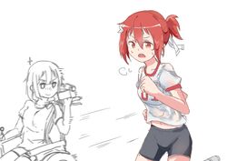  2girls absurdres bike_shorts black_shorts blush breasts camcorder closed_mouth collarbone commentary gym_shirt hair_ornament hair_ribbon highres holding motion_lines multiple_girls navel nose_blush ponytail puffy_short_sleeves puffy_sleeves red_eyes red_hair ribbon running shirt short_shorts short_sleeves shorts simple_background small_breasts smile sparkle sweat tougou_mimori video_camera wet wet_clothes wet_shirt wheelchair white_background white_ribbon xuu_shi_times yuuki_yuuna yuuki_yuuna_wa_yuusha_de_aru yuusha_de_aru 