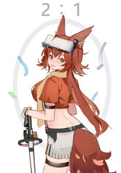  absurdres animal_ears arknights arm_strap cowboy_shot crop_top female flametail_(arknights) flametail_(sport_for_all)_(arknights) from_behind head-mounted_display highres official_alternate_costume orange_shirt red_eyes red_hair rero_(bigdoorbig2) scarf shirt short_hair_with_long_locks shorts solo squirrel_ears squirrel_girl squirrel_tail tail white_shorts 