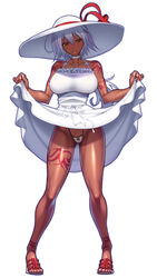  absurdres arm_tattoo bad_id bad_twitter_id bare_shoulders blush breasts clothes_lift dark-skinned_female dark_skin dress dress_lift female hat highleg highleg_panties highres large_breasts leg_tattoo lifting_own_clothes looking_at_viewer panties rakko_(r2) sandals shoulder_tattoo skirt skirt_lift sleeveless sleeveless_dress smile solo spaghetti_strap suketto_sanjou! sun_hat sundress tattoo thong tribal_tattoo underwear wendy_crawford white_dress 