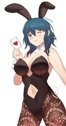  alternate_costume animal_ears blue_eyes blue_hair breasts byleth_(female)_(fire_emblem) byleth_(fire_emblem) card closed_mouth clothing_cutout commentary english_commentary fake_animal_ears fake_tail female fire_emblem fire_emblem:_three_houses highres holding holding_card large_breasts leotard medium_hair navel navel_cutout one_eye_closed pantyhose playboy_bunny playing_card rabbit_ears rabbit_tail simple_background smile solo spiffydc tail twitter_username white_background wrist_cuffs 