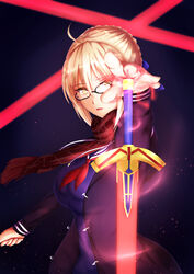  absurdres artoria_pendragon_(fate) black-framed_eyewear blonde_hair braid breasts cowboy_shot excalibur_(fate/stay_night) fate/grand_order fate_(series) female french_braid glasses highres large_breasts mysterious_heroine_x_alter_(fate) mysterious_heroine_x_alter_(first_ascension)_(fate) open_mouth outstretched_arm scarf school_uniform semi-rimless_eyewear serafuku solo tiri_man under-rim_eyewear yellow_eyes 