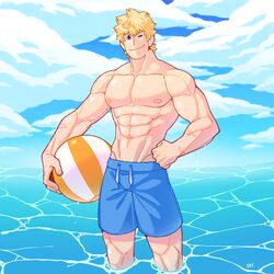  1boy abs absurdres bara blonde_hair blue_eyes blue_sky boku_no_hero_academia bulge cloud cloudy_sky feraltintinsimp hand_on_own_hip highres large_pectorals male_focus male_swimwear messy_hair muscular muscular_male nipples one_eye_closed outdoors pectorals scar short_hair sky smile solo swim_trunks togata_mirio topless_male water 