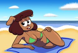  anthro beach bikini canid canine canis carla_(ok_k.o.!_lbh) cartoon_network clothing domestic_dog female green_bikini green_clothing green_swimwear hi_res looking_at_viewer lying mammal marcodile ok_k.o.!_let&#039;s_be_heroes on_side outside seaside skimpy_bikini solo swimwear 