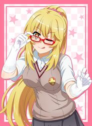  :p adjusting_eyewear bespectacled blonde_hair breasts bright_pupils brown_eyes brown_sweater_vest emblem female glasses gloves highres large_breasts long_hair looking_at_viewer nonoa-cg one_eye_closed pleated_skirt ponytail red-framed_eyewear school_emblem school_uniform shokuhou_misaki skirt smile solo spider_web_print star-shaped_pupils star_(symbol) summer_uniform sweater sweater_vest symbol-shaped_pupils toaru_kagaku_no_railgun toaru_majutsu_no_index tokiwadai_school_uniform tongue tongue_out v-neck very_long_hair white_gloves white_pupils 