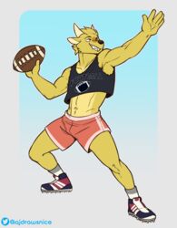  ajdrawsnice american_football anthro ball bottomwear cervine cleats clothing crop_top deer dj_strap fangs footwear fur gridiron_ball horn male mammal midriff muntjac shirt shorts socks solo sport teeth text text_on_clothing text_on_topwear topwear yellow_body yellow_fur 