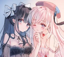  2girls arcaea babydoll bare_shoulders beret black_hair blue_eyes blush bow breasts cleavage closed_mouth collarbone commentary_request hair_between_eyes hair_intakes hairbow hat hikari_(arcaea) long_hair multiple_girls one_eye_closed parted_lips pink_hair purple_eyes red_headwear saliva saliva_trail see-through small_breasts strap_slip tairitsu_(arcaea) tandohark tears upper_body white_bow yuri 