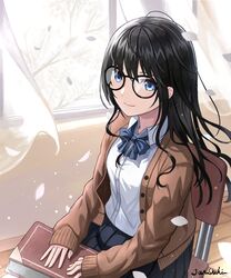  artist_name black-framed_eyewear black_hair black_skirt blue_bow blue_bowtie blue_eyes blue_skirt book book_on_lap bow bowtie branch brown_cardigan buttons cardigan chair classroom closed_mouth collared_shirt cowboy_shot curtains day female glasses highres indoors jacket junshiki long_hair long_sleeves looking_at_viewer on_chair open_cardigan open_clothes original petals pleated_skirt round_eyewear school school_chair school_uniform shirt shirt_tucked_in signature sitting skirt sleeves_past_wrists smile solo tree unbuttoned white_shirt wind window wooden_floor 