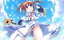  bibi02 blue_eyes blush brown_hair clenched_hand cloud commentary_request day female lyrical_nanoha mahou_shoujo_lyrical_nanoha mahou_shoujo_lyrical_nanoha_a&#039;s mahou_shoujo_lyrical_nanoha_the_movie_2nd_a&#039;s open_mouth panties pantyshot pink_panties raising_heart raising_heart_(accel_mode)_(2nd) short_hair sky solo staff takamachi_nanoha takamachi_nanoha_(sacred_mode)_(2nd) twintails underwear yuuno_scrya 