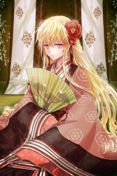  alternate_costume banned_artist blonde_hair cinia_pacifica expressionless fan flower folding_fan hair_flower hair_ornament hands_in_opposite_sleeves holding japanese_clothes kimono long_hair lowres pink_eyes reum sitting sleeves_past_wrists solo sword_girls very_long_hair 