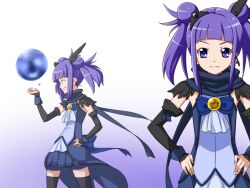  bad_id bad_pixiv_id bike_shorts black_legwear blue_eyes bow bowtie double_bun earrings female grin hair_bun hands_on_own_hips jewelry magical_girl multiple_views needle_(needlebomb) original parody precure purple_hair scarf short_hair short_twintails shorts shorts_under_skirt skirt smile smile_precure thighhighs twintails unofficial_precure_costume 