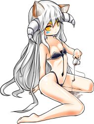  animal_ears bad_id bad_pixiv_id bare_legs barefoot bikini black_bikini cat_ears code:_exotic_(elsword) cup elsword eve_(elsword) female flat_chest full_body highres horns kneeling long_hair poseich solo swimsuit tea teacup white_background white_hair yellow_eyes 