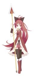  ahoge bare_shoulders black_thighhighs boots commentary_request detached_sleeves female food full_body highres knee_boots long_hair mahou_shoujo_madoka_magica mahou_shoujo_madoka_magica_(anime) mitsusaka_mitsumi mouth_hold polearm red_eyes red_hair sakura_kyoko sakura_kyoko_(magical_girl) simple_background solo spear standing taiyaki thighhighs tsurime very_long_hair wagashi weapon white_background zettai_ryouiki 