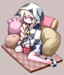  animal_print bell box braid commentary_request cow_hood cow_print cowbell exice-zero female gift gift_box highres hood kugelschreiber long_hair looking_at_viewer original pillow red_eyes slippers smile solo 