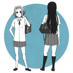  2girls akiyama_mio bad_id bad_pixiv_id black_hair bonjin hairband k-on! long_hair monochrome multiple_girls sakuragaoka_high_school_uniform school_uniform simple_background socks spot_color tainaka_ritsu uniform 