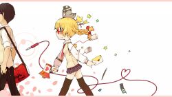  1boy animal animal_on_head arrow_(projectile) bag bird blonde_hair blue_eyes blush braid cable cellphone commentary_request duffel_bag envelope female following glasses hair_ribbon heart heart_of_string kagamine_rin letter love_letter masha megaphone necktie on_head pen phone pleated_skirt purple-framed_eyewear red-framed_eyewear ribbon school_uniform skirt star_(symbol) string_phone sweater_vest thighhighs twin_braids vocaloid walking zettai_ryouiki 