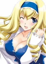  bad_id bad_pixiv_id blonde_hair blue_eyes blue_hairband blush breasts cecilia_alcott cleavage commentary_request drill_hair female hairband infinite_stratos large_breasts long_hair one_eye_closed photoshop_(medium) simple_background solo white_background yamaki_suzu 