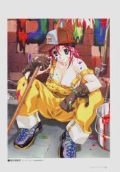  absurdres artbook baseball_cap boin breasts bucket female gloves green_eyes happoubi_jin hat highres iihara_nao large_breasts looking_at_viewer naked_overalls overalls paint paint_can pink_hair shoes sneakers solo suspenders 