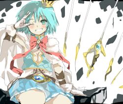  adapted_costume bad_id bad_pixiv_id blue_eyes blue_hair bow cape crown female grin mahou_shoujo_madoka_magica mahou_shoujo_madoka_magica_(anime) miki_sayaka one_eye_closed short_hair skirt smile solo sword umitsuki weapon 