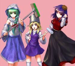  3girls bad_id bad_pixiv_id black_skirt blonde_hair blue_hair broom brush bucket detached_sleeves eno_(whiskeyne) green_eyes green_hair hood hoodie kochiya_sanae long_hair long_skirt looking_at_viewer moriya_suwako multiple_girls open_mouth paint_roller pink_background purple_eyes pyonta red_eyes shirt short_hair simple_background skirt smile thighhighs touhou white_legwear wide_sleeves yasaka_kanako zettai_ryouiki 