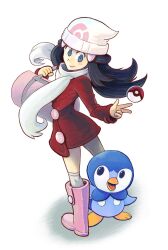  bag beanie black_hair blue_eyes boots coat dawn_(pokemon) dress female hair_ornament hat jonathan_kim kneehighs long_hair pink_footwear piplup poke_ball poke_ball_(basic) pokemon pokemon_(creature) pokemon_dppt pokemon_platinum scarf short_dress socks white_legwear white_scarf winter_clothes 