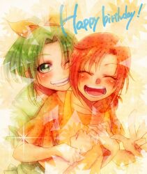  2girls apron bad_id bad_pixiv_id birthday closed_eyes green_eyes green_hair green_shirt grin high_ponytail hino_akane_(smile_precure!) hug hug_from_behind ivory_(25680nico) midorikawa_nao multiple_girls one_eye_closed ponytail precure red_hair sepia_background shirt short_hair smile smile_precure 