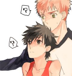  2boys ? aged_down bad_id bad_pixiv_id black_eyes black_hair emiya_kiritsugu emiya_shirou fate/stay_night fate/zero fate_(series) father_and_son male_focus multiple_boys photoshop_(medium) raglan_sleeves red_hair sukumaraku tank_top time_paradox yellow_eyes 