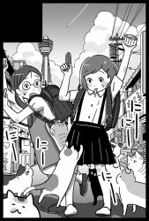  2girls :3 backpack bad_id bad_pixiv_id bag border cloud contrail copyright_request feline food glasses greyscale ice_cream lolicon market monochrome mouth_hold multiple_girls open_mouth outdoors pleated_skirt power_lines princeps randoseru school_uniform skirt suspenders tower transformer utility_pole vanishing_point 