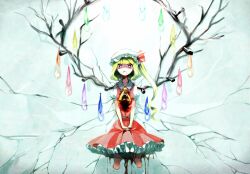  ascot bad_id bad_pixiv_id blonde_hair blood blood_on_clothes blood_on_face crack female flandre_scarlet hat hat_ribbon impaled looking_at_viewer red_eyes ribbon shaded_face shirt side_ponytail skirt skirt_set solo touhou v_arms wings yuura 