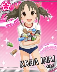  :d artist_request blue_buruma brand_name_imitation brown_eyes brown_hair buruma can card_(medium) character_name coca-cola drink_can female flower flower_(symbol) gym_uniform hair_ribbon idolmaster idolmaster_cinderella_girls imai_kana official_art open_mouth pocari_sweat ribbon shirt smile soda_can solo t-shirt twintails 