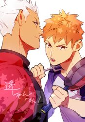  2boys archer_(fate) bad_id bad_pixiv_id brown_eyes dark-skinned_male dark_skin emiya_shirou fate/stay_night fate_(series) frying_pan kimidake male_focus multiple_boys orange_hair raglan_sleeves red_hair spatula white_hair yellow_eyes 