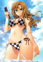  absurdres arms bangs bare_shoulders bikini blue_sky breasts brown_eyes brown_hair cellphone checkered checkered_bikini cleavage cloud collarbone expressionless female female fingernails floating_hair from_behind fujima_takuya glasses hands highres hips holding kiryu_moeka kiryuu_moeka long_hair long_image looking_at_viewer megane mound_of_venus navel ocean outdoors parted_lips phone shade shiny shiny_skin side-tie_bikini sky solo steins;gate sun swimsuit swimsuits tall_image thigh_gap thighs underboob wading water wavy_hair wet wind 