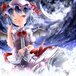  adjusting_hair bat_wings blue_hair blush commentary_request female full_moon hat moon night one_eye_closed red_eyes remilia_scarlet short_hair sky smile solo sugiyuu touhou wings wrist_cuffs 