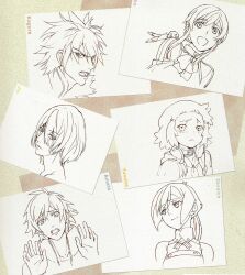  3boys 3girls amata_sora aquarion_(series) aquarion_evol artist_request highres jin_musou kagura_demuri mikono_suzushiro monochrome multiple_boys multiple_girls official_art photoshop_(medium) simple_background yunoha_thrul zessica_wong 