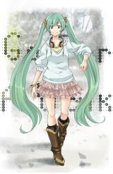  boots bracelet commentary_request female green_eyes green_hair hatsune_miku headphones headphones_around_neck highres jewelry long_hair retsuna sleeves_pushed_up smile solo twintails very_long_hair vocaloid walking 