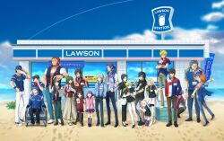  6+boys 6+girls alternate_costume artoria_pendragon_(fate) assassin_(fate/zero) commentary_request convenience_store diarmuid_ua_duibhne_(lancer)_(fate) emiya_kiritsugu employee_uniform family fate/zero fate_(series) father_and_daughter female_assassin_(fate/zero) gilgamesh_(fate) gilles_de_rais_(caster)_(fate) hat highres hitohana husband_and_wife illyasviel_von_einzbern irisviel_von_einzbern iskandar_(fate) kayneth_el-melloi_archibald kotomine_kirei lancelot_(fate/zero) lawson matou_kariya matou_sakura monocle mother_and_daughter multiple_boys multiple_girls pantyhose photoshop_(medium) saber_(fate) shop siblings sisters spoilers striped thighhighs tohsaka_aoi tohsaka_rin tohsaka_tokiomi uniform uryuu_ryuunosuke vertical_stripes waver_velvet wheelchair 