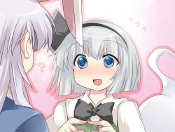  2girls ? animal_ears bad_id bad_pixiv_id blouse blue_eyes bob_cut bow bowtie commentary extra_ears fingers_together flying_sweatdrops gradient_background hair_ribbon hammer_(sunset_beach) index_fingers_together jacket konpaku_youmu konpaku_youmu_(ghost) long_hair looking_at_another multiple_girls open_mouth outline pink_background purple_hair rabbit_ears reisen_udongein_inaba ribbon shirt short_hair sweatdrop touhou vest white_hair 