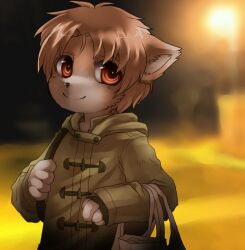  5_fingers anthro bag big_eyes blurred_background brown_body brown_fur brown_hair claws clothing coat domestic_cat felid feline felis fingers fur hair hi_res holding_object looking_at_viewer male mammal miri night outside red_eyes shopping short_hair smile solo topwear young young_anthro young_male 