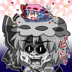  :3 bad_id bad_pixiv_id bat_wings blue_hair blush blush_stickers bow chibi commentary female flailing hat hat_bow heart lying mini_person minigirl mob_cap noai_nioshi oerba_yun_fang on_head patch person_on_head remilia_scarlet short_hair sunken_cheeks surprised touhou turn_pale wings |_| 